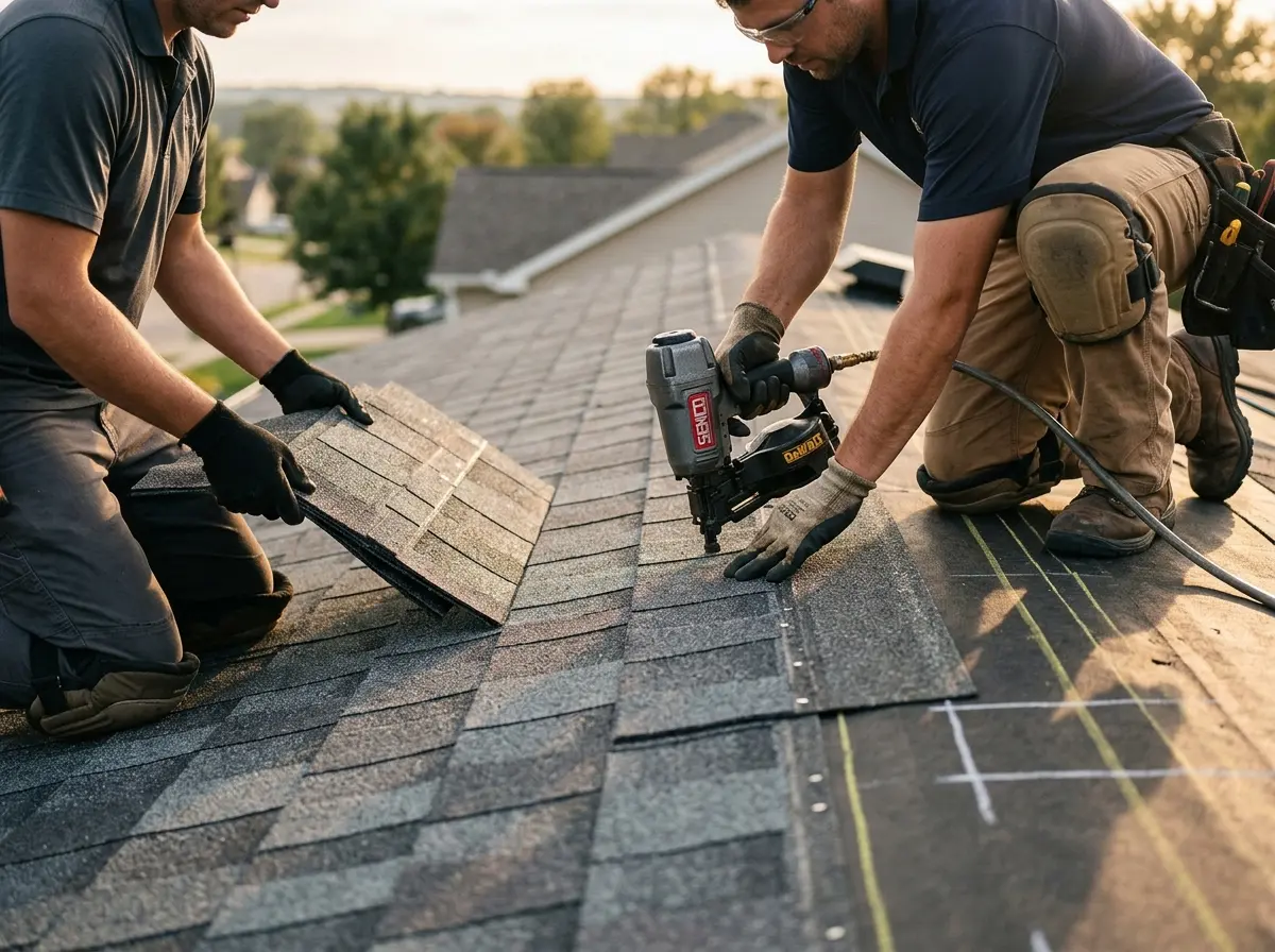 Professional roofer working on a residential roof in Statesboro